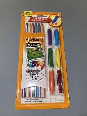 BIC Xtra-Fun Custom Graphite Pencils 2 HB, 6-Count Colorful Stripes &Caps NIP #2