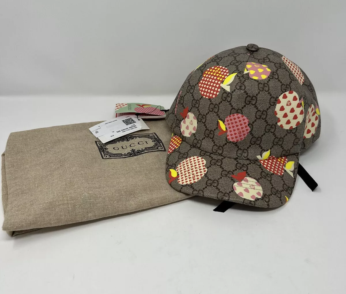 NWT GUCCI Baseball Cap Hat Beige/ebony GG Canvas Apple Size XL Les Pommes Auth