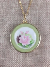 Vintage Necklace Hand Painted Roses Doll House China Plate Signed by Artist Ruth