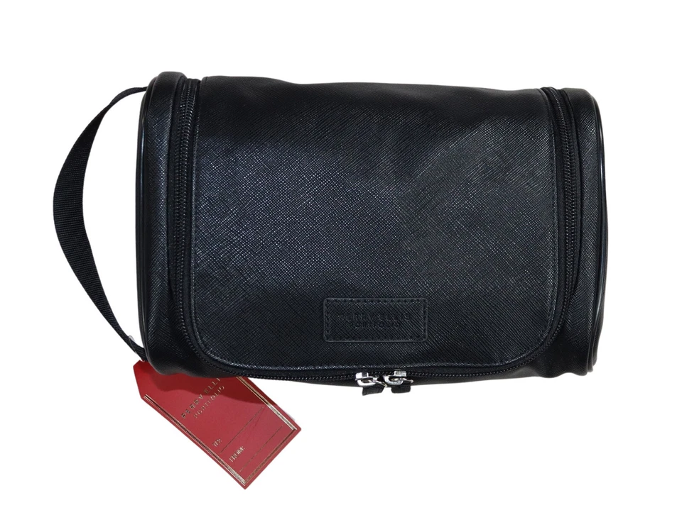 Perry Ellis Faux Leather Zip Around & Carry Handle Men's Toiletry Bag NWT Black