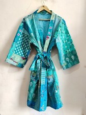 Aqua Patchwork Kantha Jacket, Soft Silk Kantha Jacket, Cotton Bath Robe Kimono