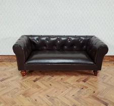 Dollhouse Sofa Couch Brown Faux Leather 1:12 Scale Miniature Furniture