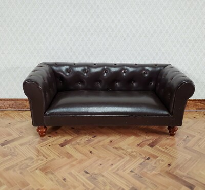 #ad Dollhouse Sofa Couch Brown Faux Leather 1:12 Scale Miniature Furniture $29.99