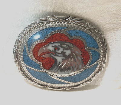SSI Handcrafted USA Vintage Turquoise Coral Patriotic Eagle Belt Buckle
