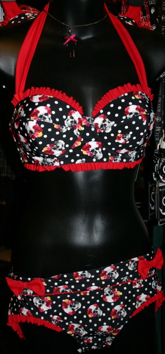 SKULLS &amp; ROSES 50&#039;S PIN UP GOTHABILLY-ROCKABILLY JUNIORS SWIM SUIT SET FREE |