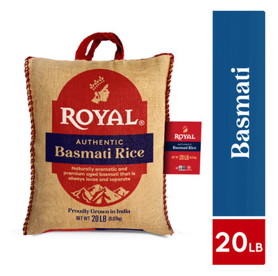 Authentic Royal Naturally Aged Long Grain Indian White Basmati Rice, 20 lb. Bag