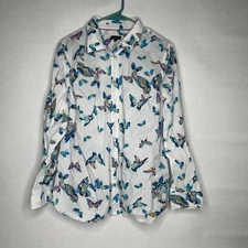 Talbots Classic Casual Button Down Colorful Butterfly Shirt Size L 100% Cotton
