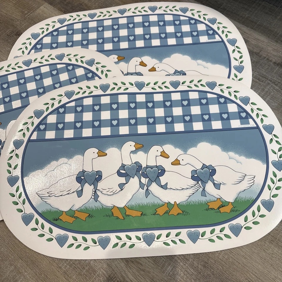 Vintage Set 3 Vinyl Placemats Duck Hearts Geese Goose Blue Franco Country READ - Image 2 of 4