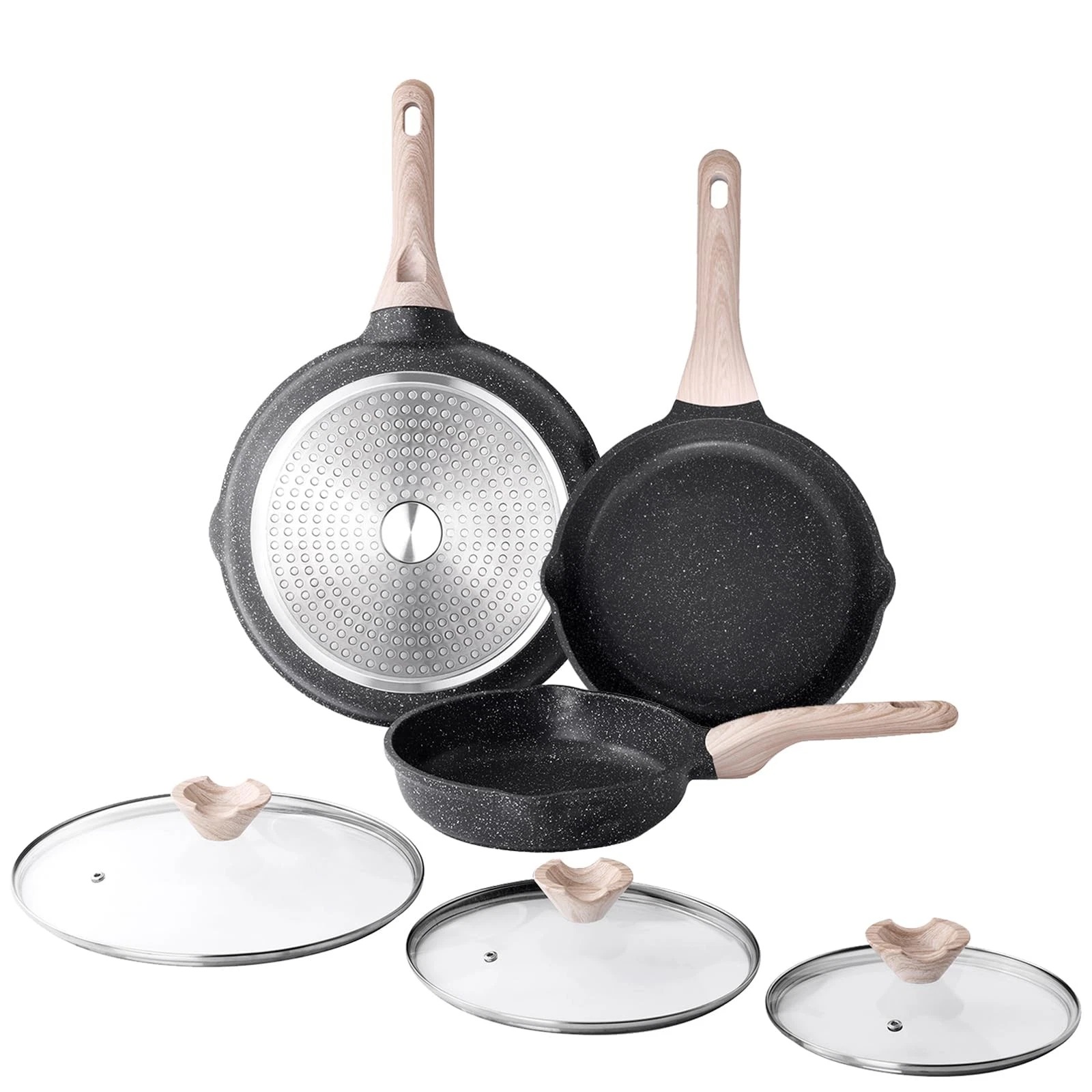 Nonstick Frying Pan Set with Lids, 3 Piece Skillet Set, Healthy Induction Coo...