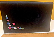 Vtg Satin Foldover Silk Clutch Bag Black Handmade Floral Embroidery France 7"W