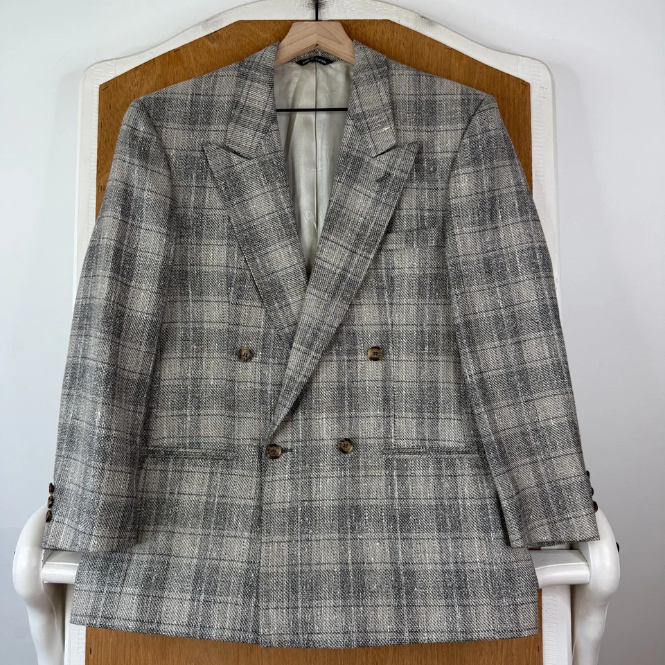 Blazer VINTAGE Doble Pecho Para Hombres 40S Gris Cuadros 4x1 Lana Seda Lúpulo Años 80 Foto 2 de 4