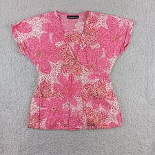 Los Angeles Rose Pink Floral Mock Wrap Scrub Top XS 6625FFP Cotton Medical