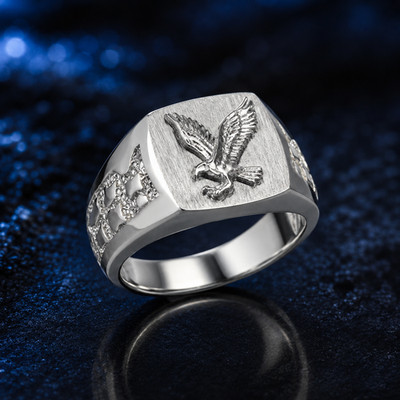 Sterling Silver American Eagle Brushed Signet Ring Men Nugget Band Patriotic USA