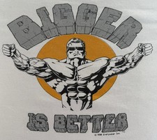 VINTAGE BIGGER IS BETTER GYM SHIRT 1989 CROPPED PULLOVER BODYBUILDING WORLD 