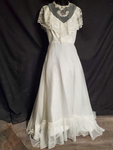 Vtg 70s Prairie Maxi Dress XS-S Ruffled Sheer chiffon WEDDING gown Ivory Lace