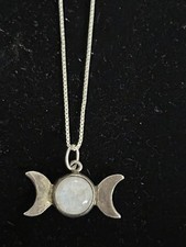 Vintage Sterling Silver 925 Moonstone Necklace Triple Moon Goddess Celestial
