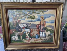 Large Vintage Needlepoint Wall Art Pastoral Scene Gilt Frame Signed 29x23