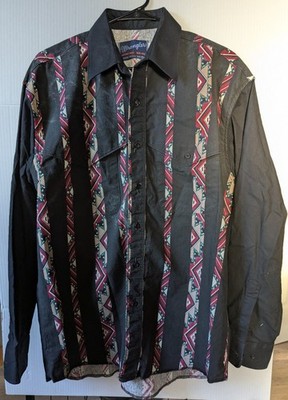 Vintage 90s Wrangler Western Shirt Mens Aztec Black X-Long Tail 16.5-35