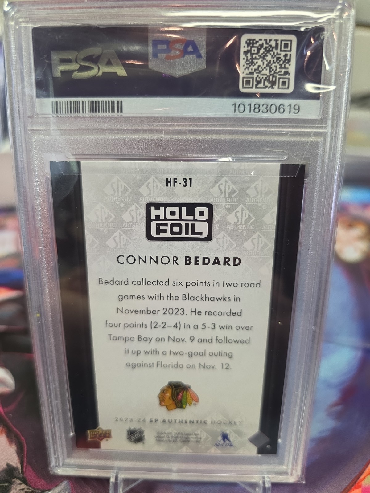 2023-24 SP Authentic #HF31 Connor Bedard Holofoils Rookie RC SSP Case Hit PSA 9 view 3