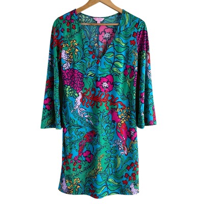Lilly Pulitzer Sz S Jade V-Neck Shift Dress Shake Your Tail Feather Green Pink