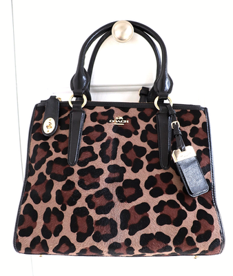 Coach Printed Haircalf Black Leather Crossbody Carryall Handbag