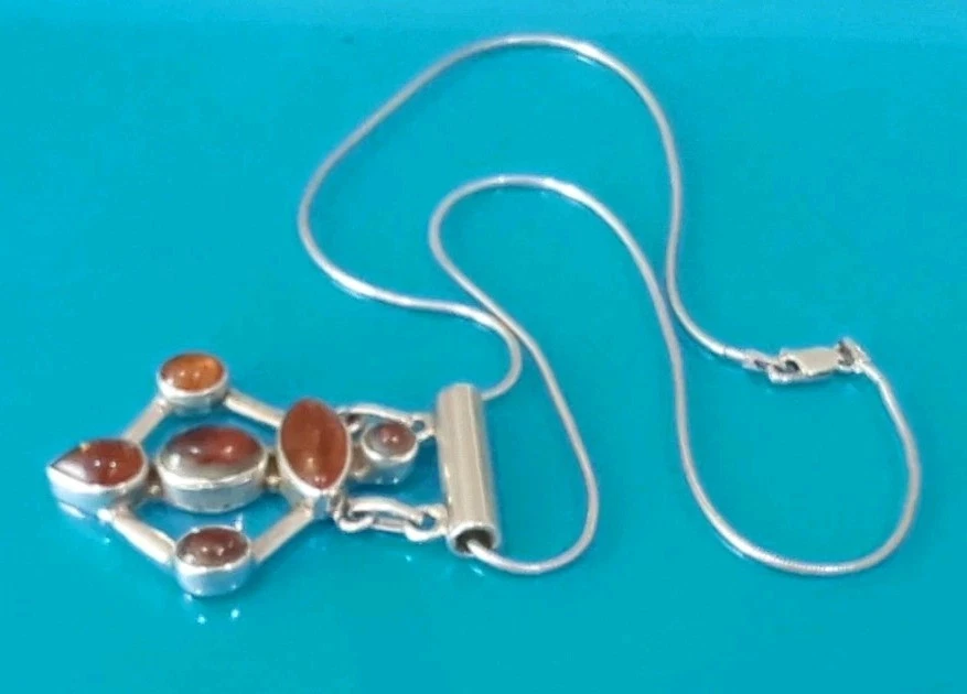 Collar Colgante MODERNISTA Abierto Plata Esterlina Ámbar Báltico Genuino De Colección 17.5" Foto 3 de 4