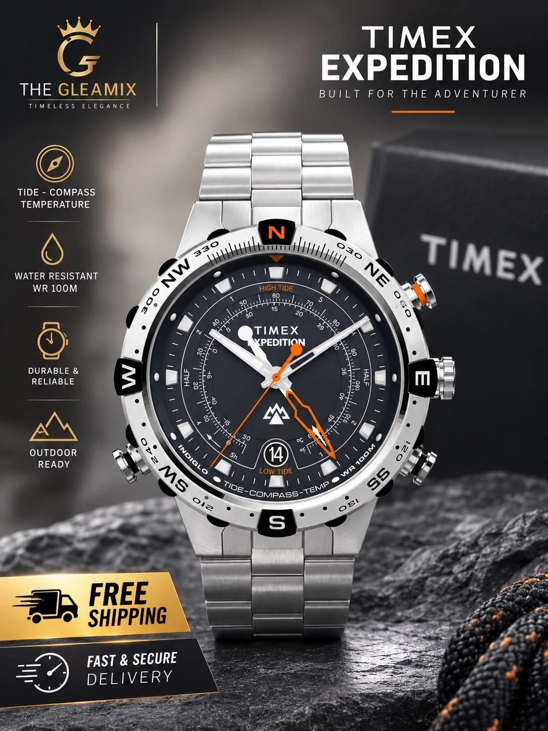 Timex Men’s Intelligent Quartz® Tide Temp Compass 45 mm Steel Watch WR100M.