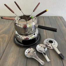 6 Serving Mixed Roshco Fondue Set Stainless Steel w/Wood Handle Forks (ST)