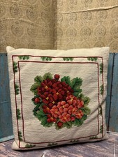 Vintage Needlepoint Pillow Beige Velvet Pink Hydrangea Flowers 13