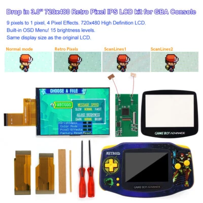 Drop In GBA 3.0" V5 IPS Backlight LCD Kits 720x480 Retro Pixel+UV Print Shell