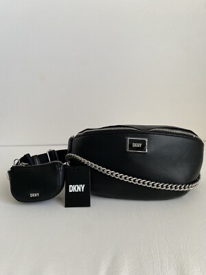 DKNY BLACK BELT BAG BAG/ CROSSBODY 2 OPTION WEARING W/ SILVER CHAIN, Retail $168