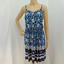 "LOFT"  BLUE FLORAL TIE STRAPS BLOUSON A LINE V NECK DRESS SIZE: L NWT