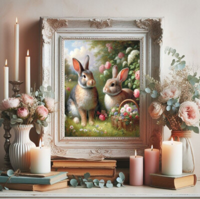 Victorian Bunny Rabbits Easter egg Spring flowers Farmhouse Vintage art painting