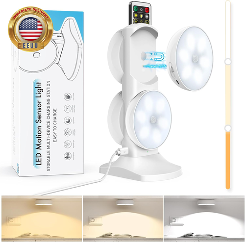 Wireless Motion Sensor Puck Lights with Charging Station, 3 Colors USB Rechargea