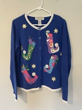 Tiara International Christmas Collection Sweater Cardigan Embroidered Sz M Blue