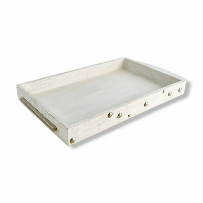 $375 William D Scott White Silver Wooden Fort Rectangle Serving Table Tray