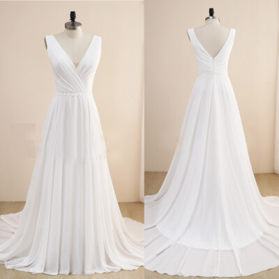 #ad Simple A Line Wedding Dresses V Neck Chiffon Sweep Train Boho Bridal Gown Custom $131.39
