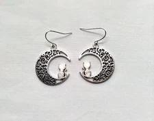 Cat on Crescent Moon Drop Hook Earrings Handmade Silver Tone Kitty Lover Gift