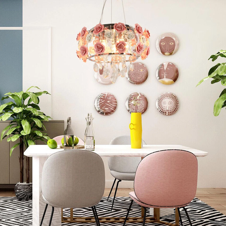 Romantic Crystal Chandelier Ceramic Rose Flower Pendant Lamp 5-Lights Fixtures - Image 4 of 4