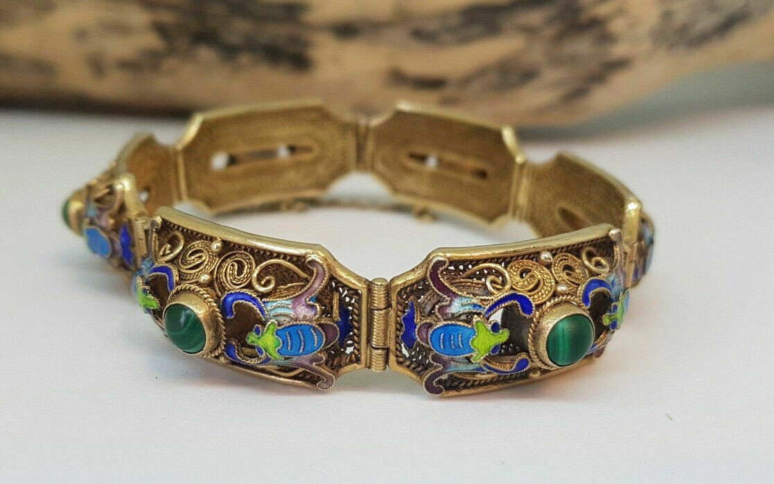 RARE ANTIQUE CHINESE EXPORT SOLID SILVER MALAKITE… - image 1