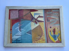 ANTIQUE CIRCUS PAINTING ABSTRACT CUBIST CUBISM MODERNISM MID CENTURY PERFORMERS