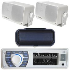 Pyle PLRMR23BTW White Radio USB AUX Receiver w/ Cover, Pair of White Box Speaker