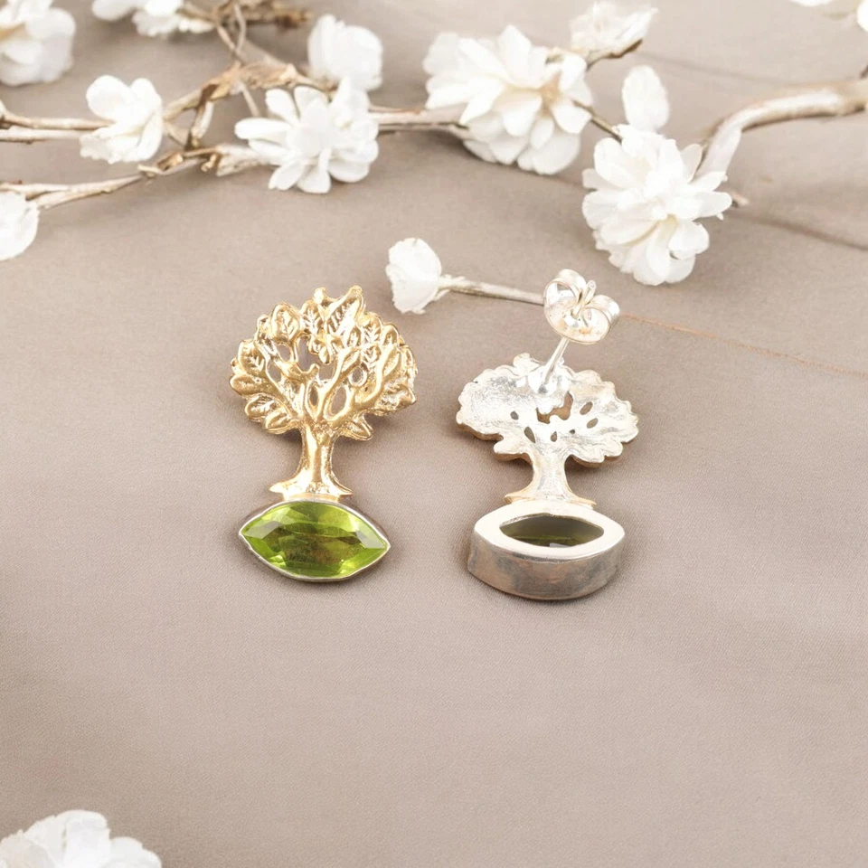 Peridot Gemstone 925 Sterling Silver Jewelry Party-Wear Earrings 0.9" For Gift - Image 2 of 4