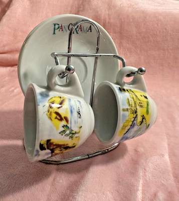 CASA ELITE HOME COLLECTION ESPRESSO PANORAMA CUP & SAUCER SET W/ METAL STAND ***