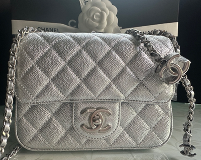New 25B CHANEL Classic Mini Silver Caviar Flap Bag PEARL CRUSH CC