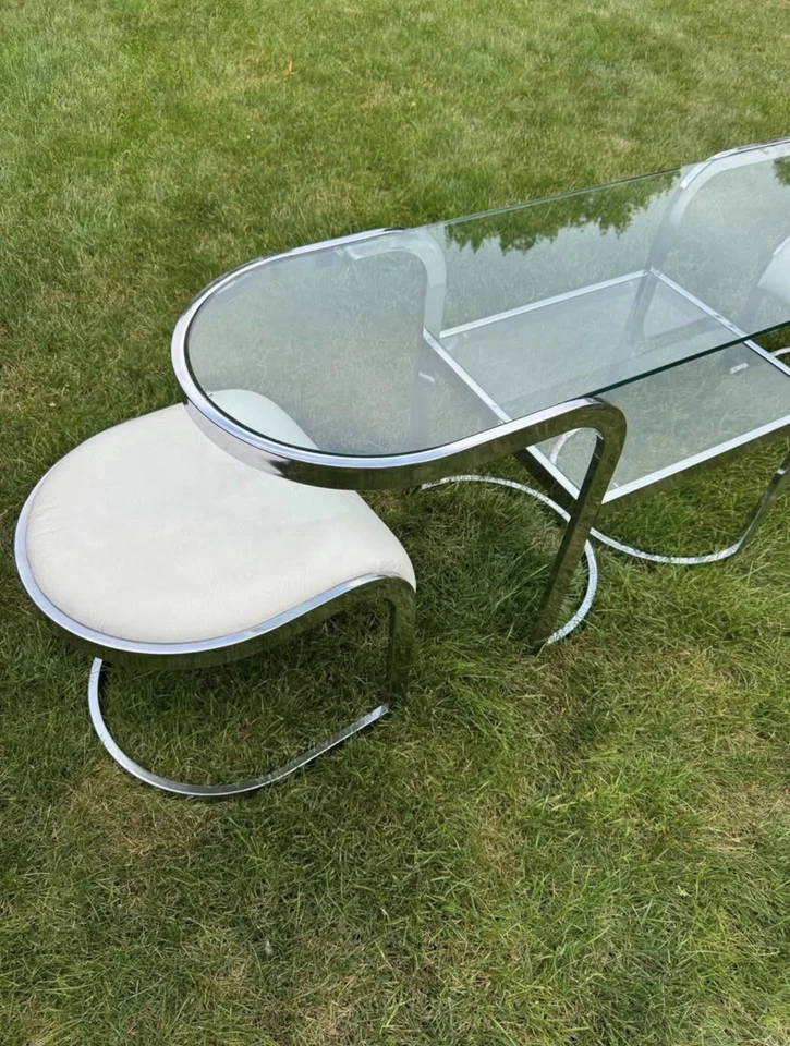 Mid-century Modern Polished Chrome Oval Sofa Or Console Table With Chairs - Image 2 of 4