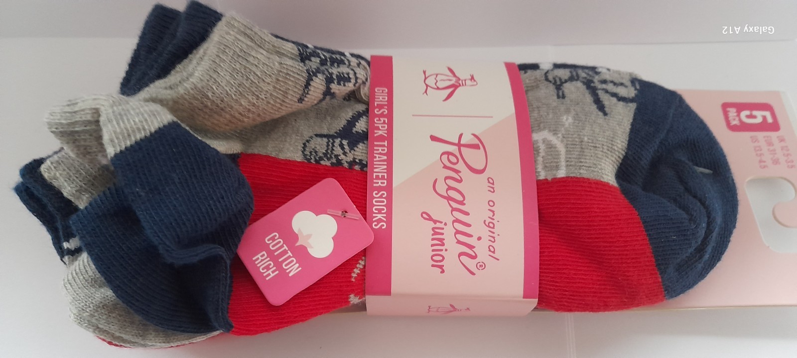 PENGUIN Girls Cotton Trainer Socks Pack Of 5 Pairs Size UK 12.5-3.5 EUR 31-36