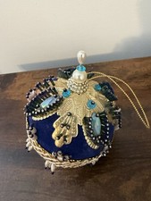 Vintage Beaded Christmas Ornament Blue Velvet Gold Filigree Handmade Decor