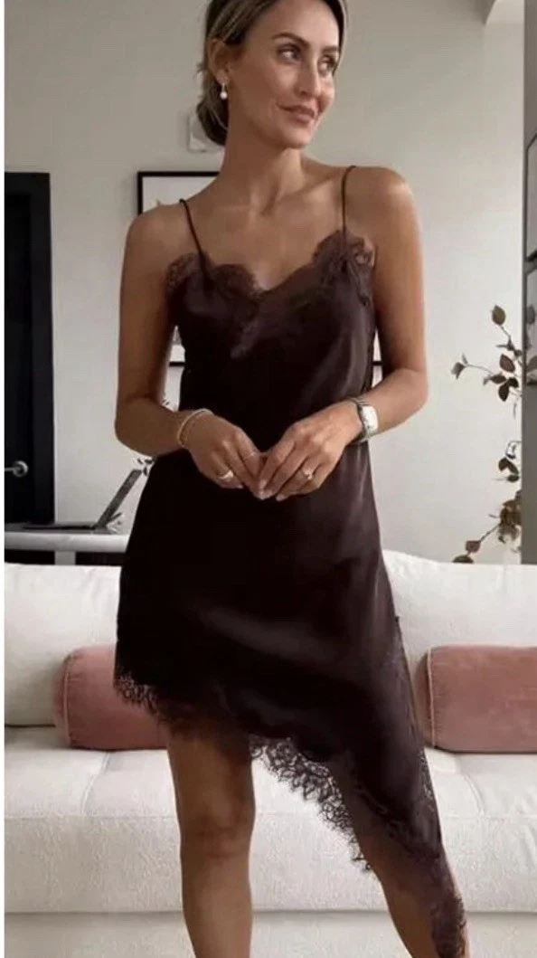 brown slip dress with black lace Satin Lace Square Neck Midaxi Slip Dress