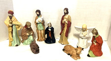Vintage Hand Painted Ceramic Nativity 9 Figurines Manger Scene w/o Baby Jesus